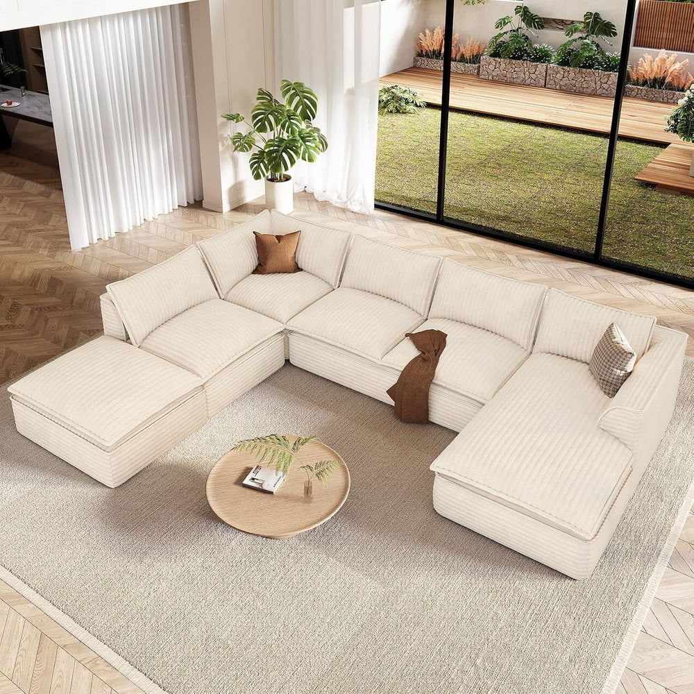 Vesgantti 7 Seater Plush Corduroy Couch, 141.7" Large Sofa, Beige | Over...