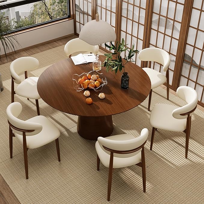 Kitchen Dining Chairs Set of 2 Modern Upholstered Leather Farmhouse Dining Room Chair with Metal Legs, Walnut/Beige