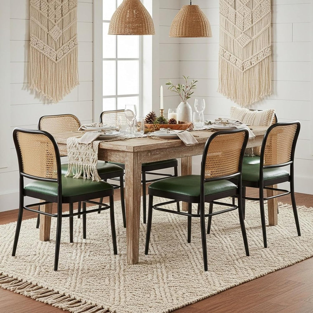 Rattan Dining Chairs Set of 4, Mid-Century Modern, Green | Cane Back Design, ...