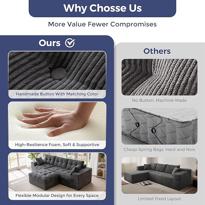 MAXYOYO 104" L Shaped Modular Sectional Sofa with Ottoman, Cloud Boneless Couch with Layered Cushion, Upholstered Sofa in a Box, Flexible Module Combination for Living Room, No Assembly, Dark Grey