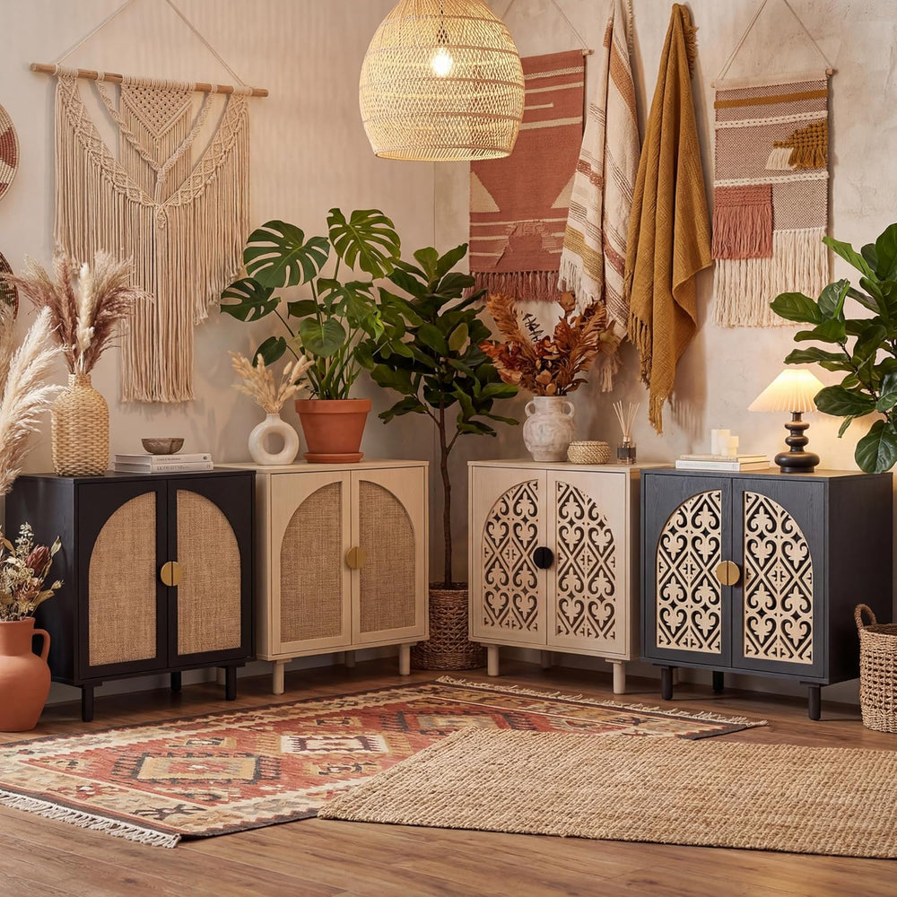 Decorative Storage Cabinet Sideboard with Hollow Carved Panels, 2 Doors, Natu...