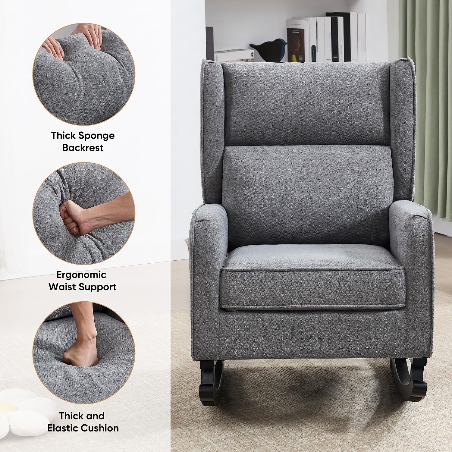 HCHAIRH Nursery Rocking Chairs, Modern Rocking Nursery Chair for Mom Nursery Rocker with High Backrest and Solid Wood Legs, Dark Grey