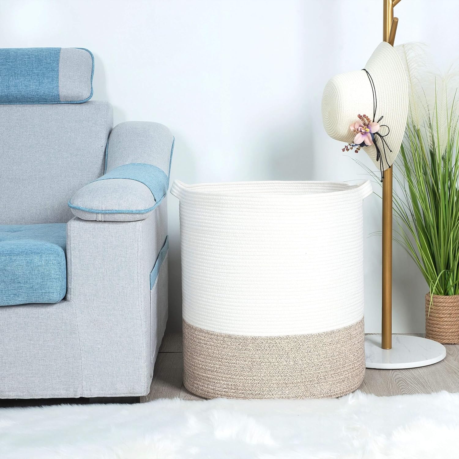 MINTWOOD Design 83L Extra Large 20x18 Inches Decorative Woven Cotton Rope Basket, Tall Laundry Basket Hamper, Blanket Basket for Living Room, Round Storage Baskets for Pillows, Towels, Light Brown