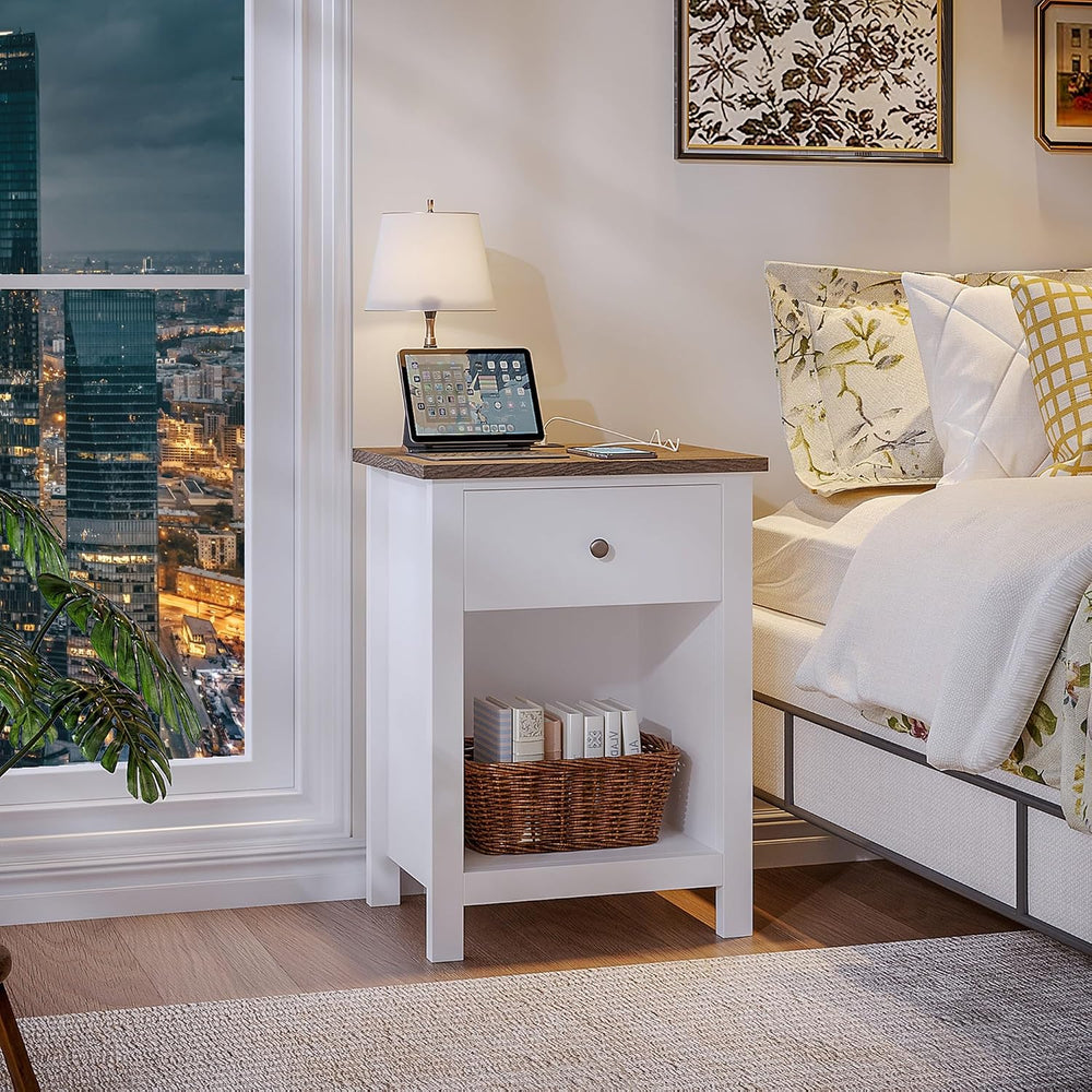 ChooChoo Farmhouse Nightstand with Charging Station | Wooden Top Bedside End ...