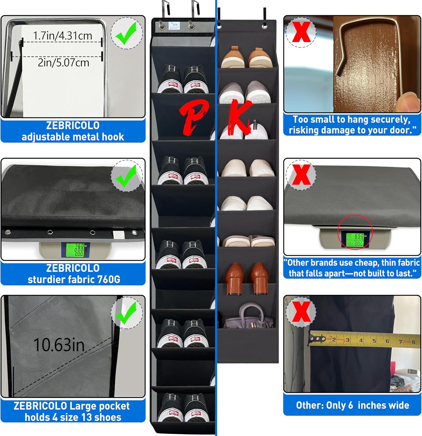 [Improve Over The Door Shoe Organizer, Extra Large 10 Tiers, Over Door Shoe Organizer, Coated Hooks Grip Firmly Without Scratching Paint, 75LB, Door Shoe Rack, Dark Black