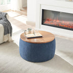 Modern Round Storage Ottoman with Wooden Top,Handmade Luxury Pleated Circle Fabric Storage Ottoman Coffee Table,End Table & Footstool for Living Room（Navy Blue）