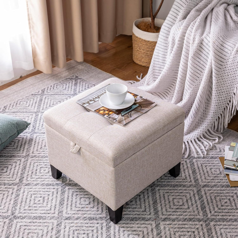 Adeco 18 Inch High Cube Ottoman Storage, Linen Chair Foot Stools, Upholstered...
