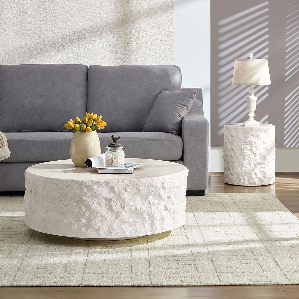 Fiberglass Round Coffee Table Set of Two, Living Room Vintage Design Faux Sto...