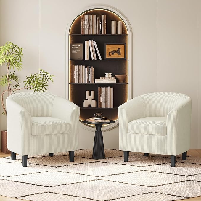Yaheetech Corduroy Barrel Chairs Set of 2, Upholstered Club Chairs Accent Chairs, Round Armchairs Waiting Room Chairs with Soft Cushion for Living Room Bedroom Reading Room, Beige