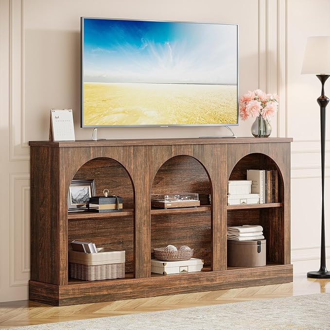 Tribesigns TV Consoles with Storage Cabinets, Television Stand for 55/60/65 Inch TV, Farmhouse Media Entertainment Center Stand for Living Room, Dark Brown