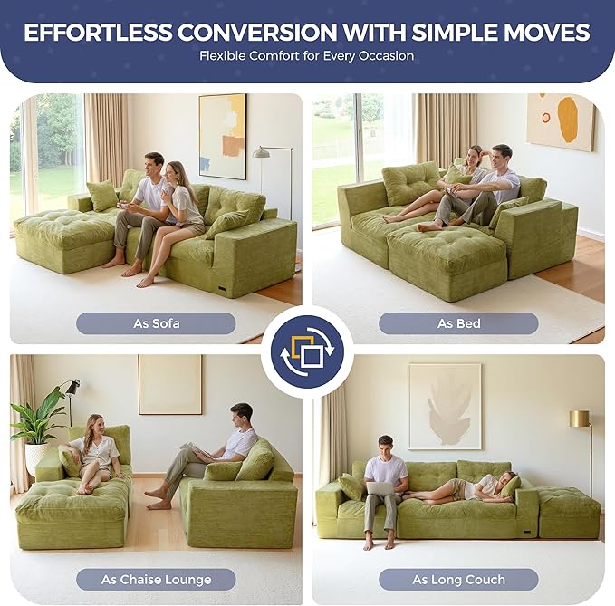 MAXYOYO L Shape Sectional Sofa Couch and Round Chaise Lounge, Modern Cloud Couch with Ottoman, Comfy Sofa with Layered Cushion, Tufted Upholstered Sleeper Chair for Living Room, No Assembly Required