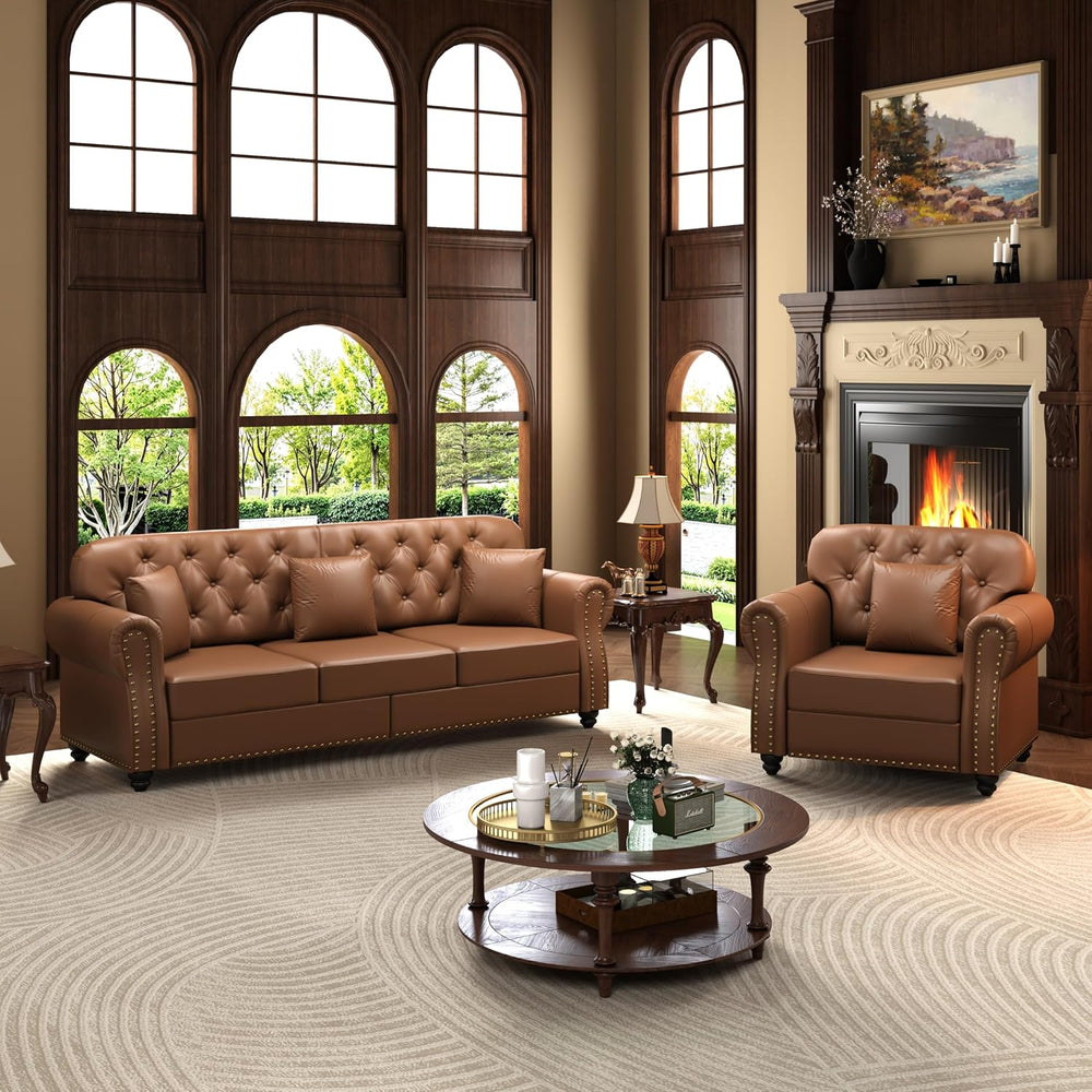 KEIKI 2-Piece Chesterfield Sofa Set with 1 Faux Leather 3-Seater Sofa & 1...
