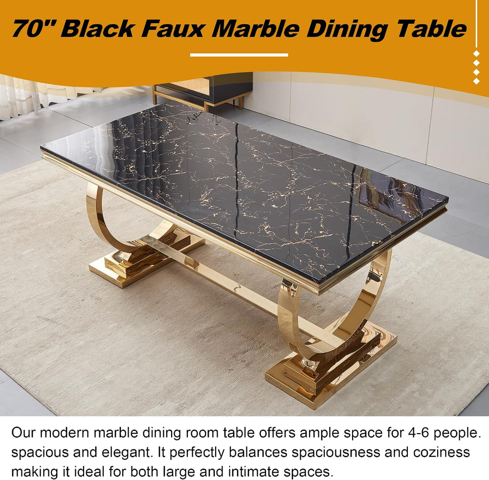 70" Marble Dining Table with Black Faux Marble Top and Gold O-Shape Stai...