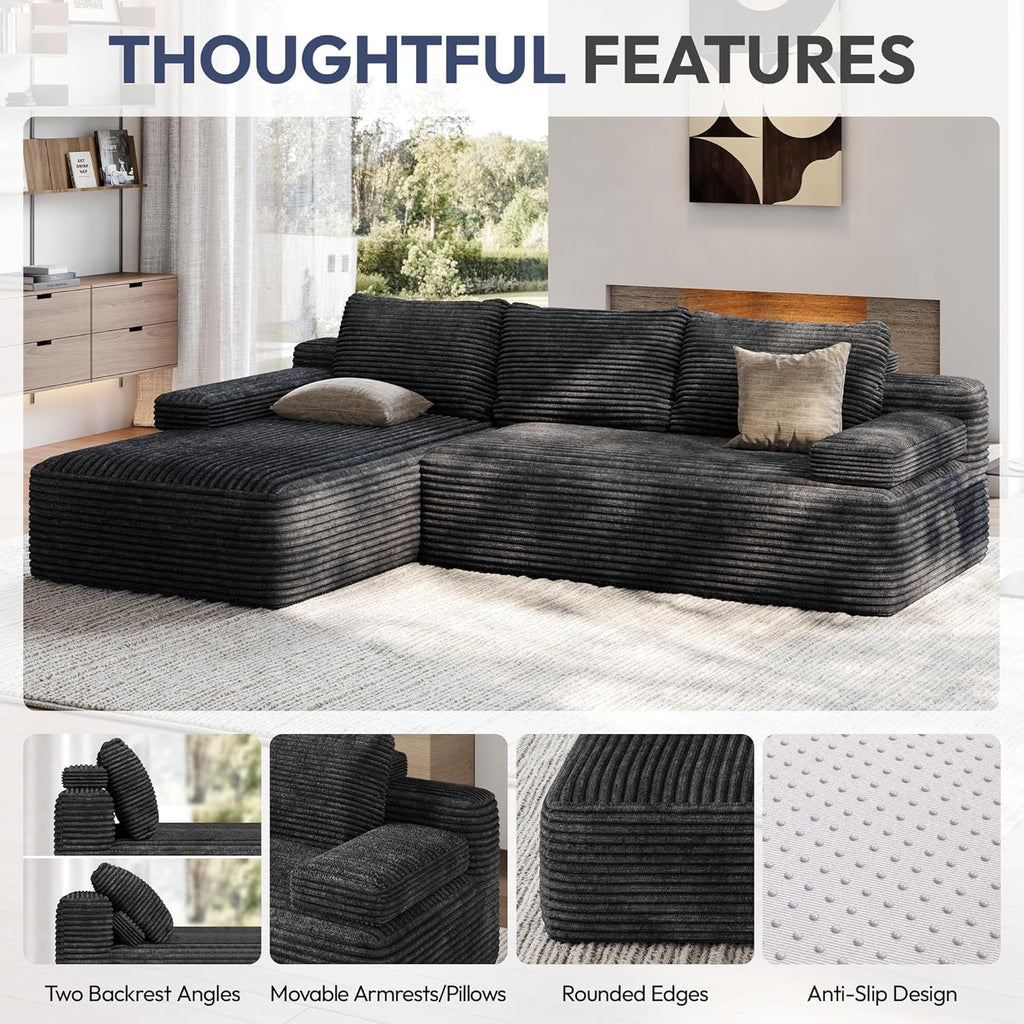 Yaheetech 110" Sectional Sofa Boneless Couch with Chaise, Dark Gray | Sectional Sofa Cloud Couch Corduroy Modular L-Shape Couch No Assembly Sofa with Detachable Pillow for Living Room Guest Room