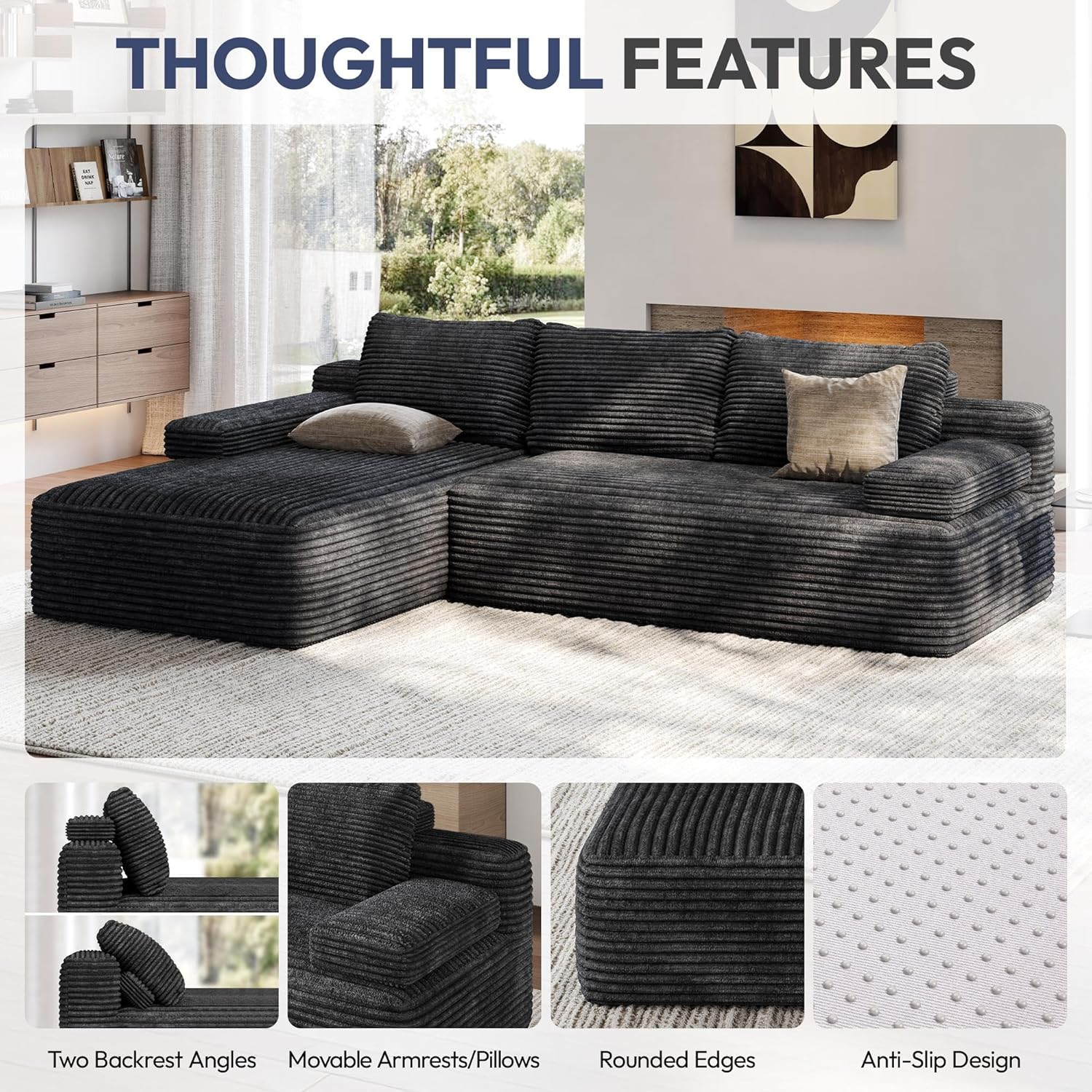 Yaheetech 110" Sectional Sofa Boneless Couch with Chaise, Dark Gray | Sectional Sofa Cloud Couch Corduroy Modular L-Shape Couch No Assembly Sofa with Detachable Pillow for Living Room Guest Room
