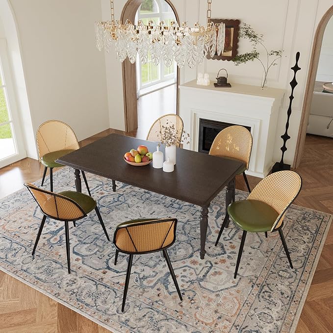TYBOATLE Green Rattan Dinner Chairs Set of 4 with Faux Leather Cushion, Modern Dining Room Chairs w/Adjustable Foot Pads, Kitchen Boho Mid Century Upholstered