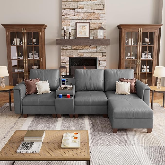 SITJOY 105" Faux Leather Modular Sectional Sofa with Storage, Mid Century Modern Sectional Couches for Living Room, 4 Seat L Shaped Couch with Ottoman and Console Table, Hidden Cupholders, Gray