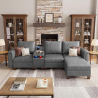 SITJOY 105" Faux Leather Modular Sectional Sofa with Storage, Mid Century Modern Sectional Couches for Living Room, 4 Seat L Shaped Couch with Ottoman and Console Table, Hidden Cupholders, Gray