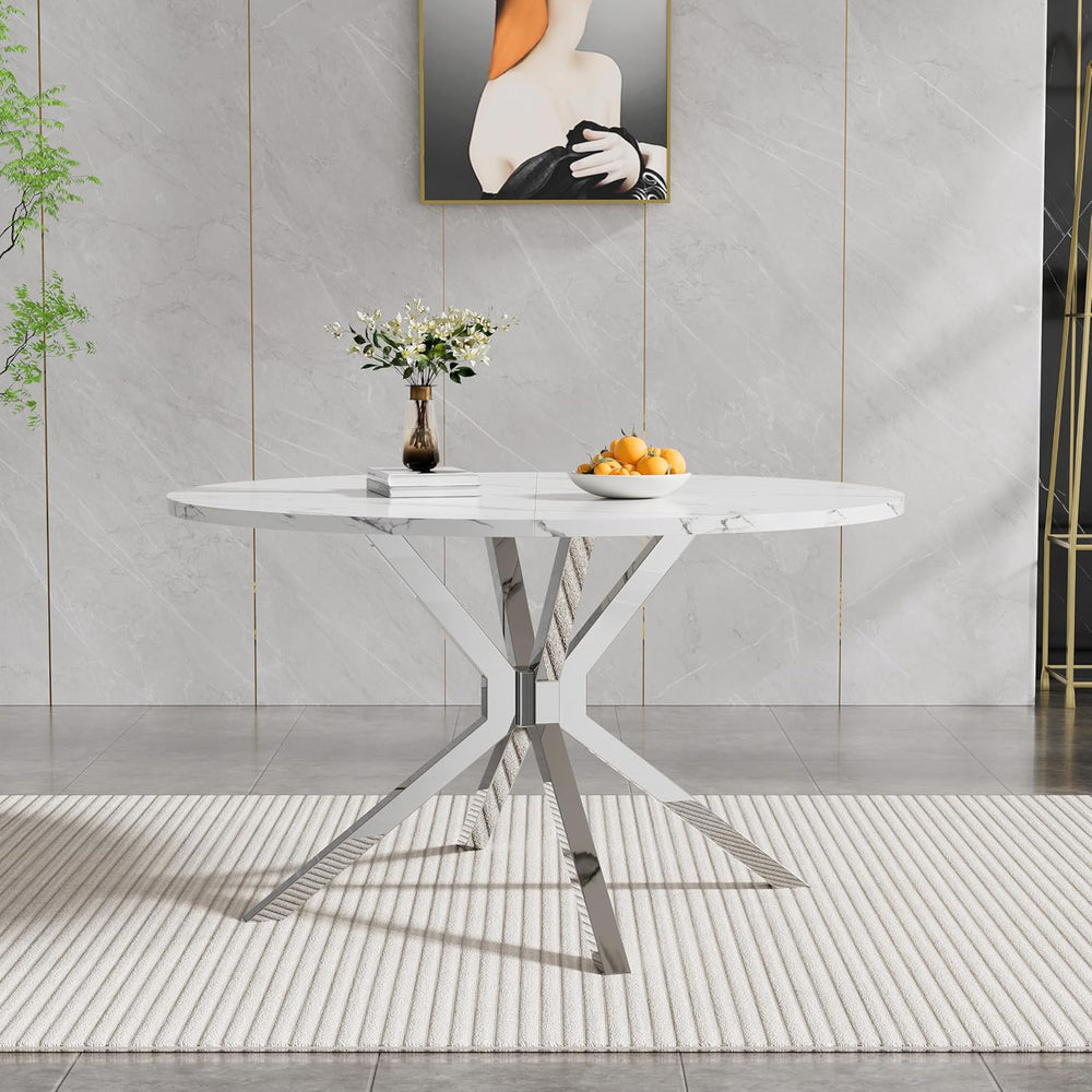 Round Faux Marble Dining Table for 4-6 Modern 47.2" Kitchen Table with S...