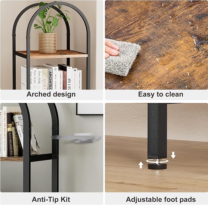 Homhedy 6-Tier Narrow Bookshelf Arched Display Racks, Wood and Metal Bookcase, Tall Bookshelf, Industrial Display Standing Shelf Unit, for Home Office, Living Room, Bedroom, Bathroom