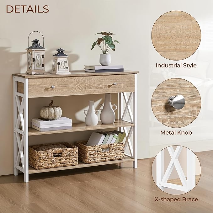 Yaheetech TV Stand for TV up to 45 inch, Entertainment Center with Drawer, Media Console Table with Storage Shelves, for Living Room, Metal Frame, Light Oak