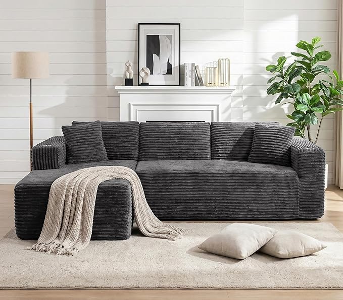 Vongrasig 103" Boneless Couches for Living Room,Sectional Couches Modular Sofa with L-Shaped Chaise, Memory Foam Comfy Cloud Couch with Plush Corduroy Fabric, No Assembly Required, Dark Grey