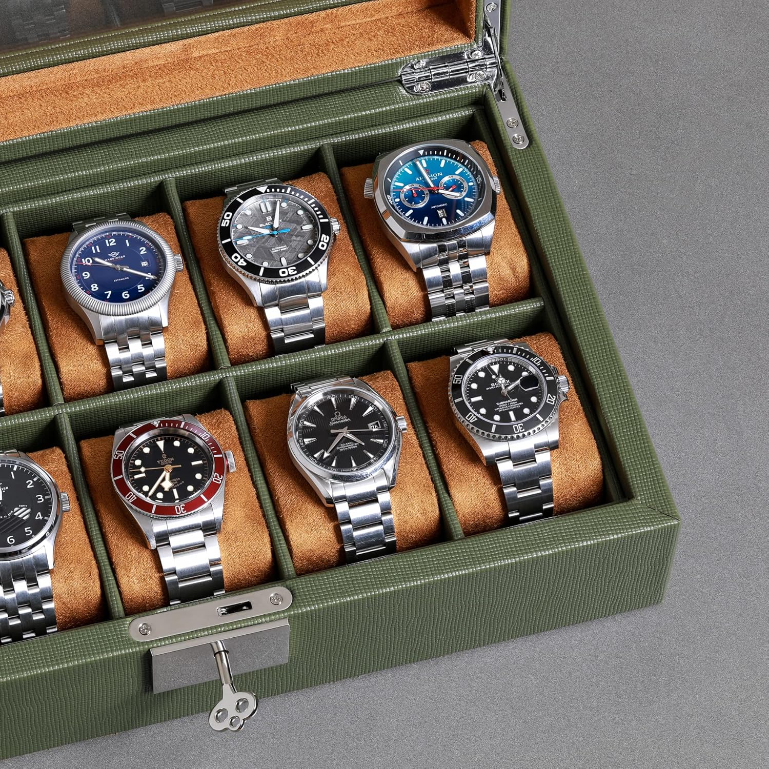 ROTHWELL 10 Slot Leather Watch Box - Luxury Case Display Jewelry Organizer - Locking Watch Display Case Holder with Large Glass Top - Box Organizer for Men and Women (Green/Tan)