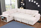 Eafurn Oversized Convertible U Shaped Sleeper Sectional Sofa Pull Out Couch Bed, 6 Seater Corduroy Upholstered Pullout Lounge Sofa Couch Sofabed w/Storage Chaise, Shelves for Living Room Apartment
