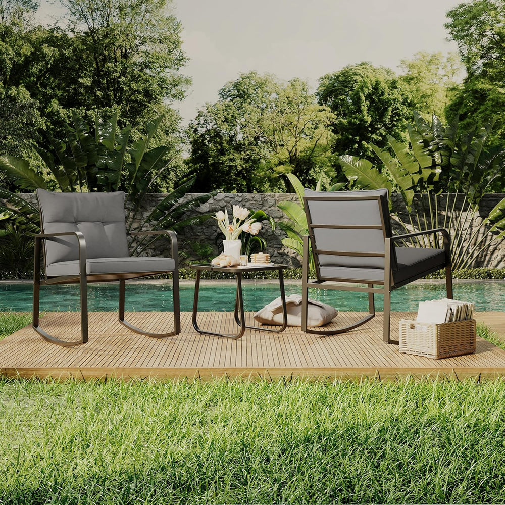 Gizoon 3 Piece Rocking Bistro Set, Black Steel Patio Furniture,Grey Cushion