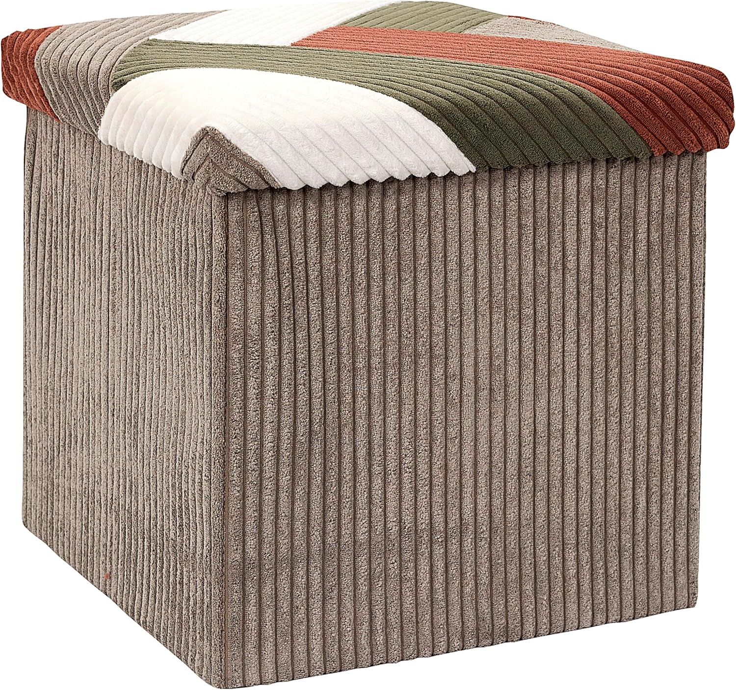 Home Deco Factory, HD0550 Multifunctional Ribbed Foldable Patchwork Pouf Chest Storage and Comfortable Seating Elegant Design Beige Grey Red Green 38 x 38 cm