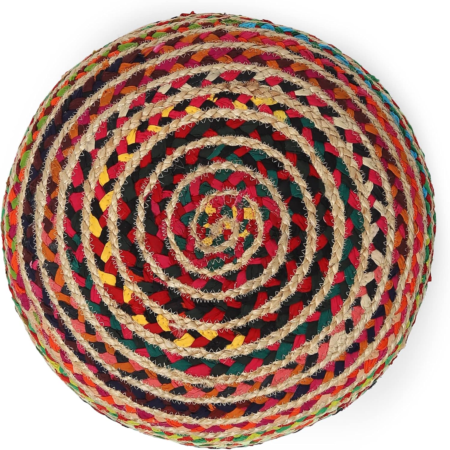 · REDEARTH · Braided Jute Cotton Pouf - Circular Boho Ottoman - Multi | Jute with Cotton Pouf, 19.5"x19.5"x14"; Braided Boho Pouffe, Doubles as Foot Rest for Living Room, Patio, Outdoor, Bedroom