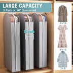 10" Gusseted Garment Bags for Hanging Clothes with clear window, 60" Suit Bags for Open Closet Storage, Clothing Cover for Coat, Dress, Jacket, Shirt, Fur Wardrobe Protector, 3 Packs