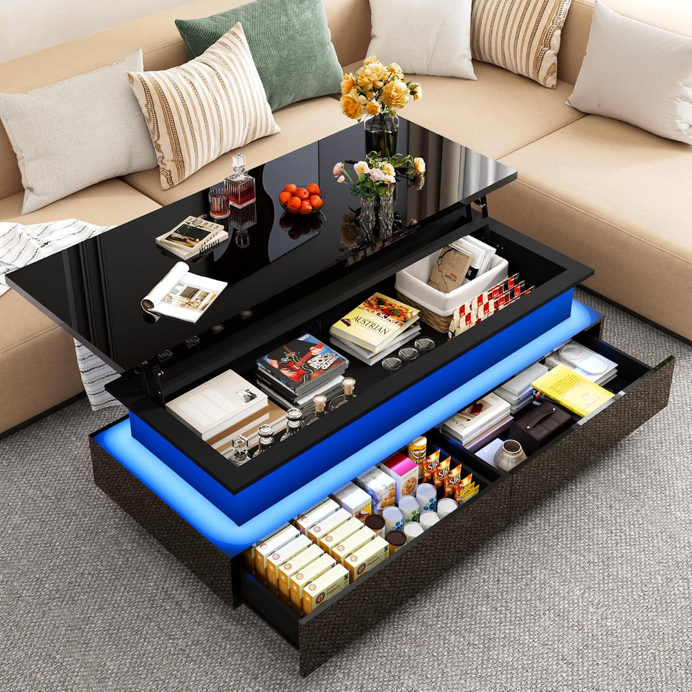 55" Large Lift Top Coffee Table, LED High Glossy Coffee Table Black