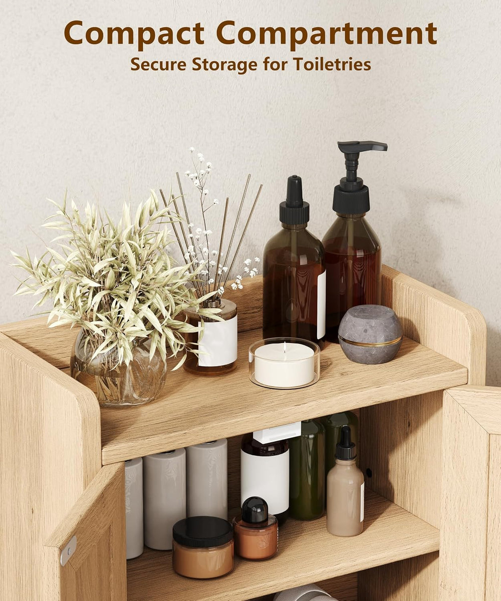 15" Rattan Small Bathroom Cabinet 4 Doors Adjustable Shelf Oak