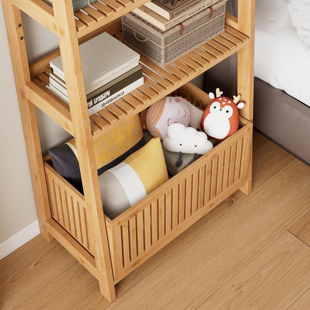 Bamjoy Bamboo Ladder Shelf, Bookshelf with 4 Display Shelves and 1 Open Stora...