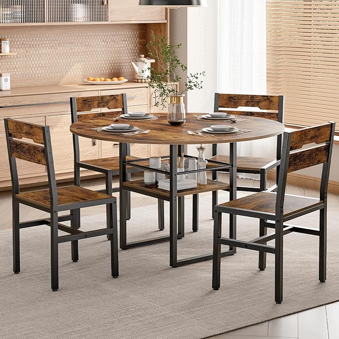 Round Dining Table Set for 4, Circle Kitchen Table and 4 Chairs, 5 piece Dining Table Set, with Wooden Tabletop and Widen Seat, Space Saving, for Dining Room, Rustic Brown and Black