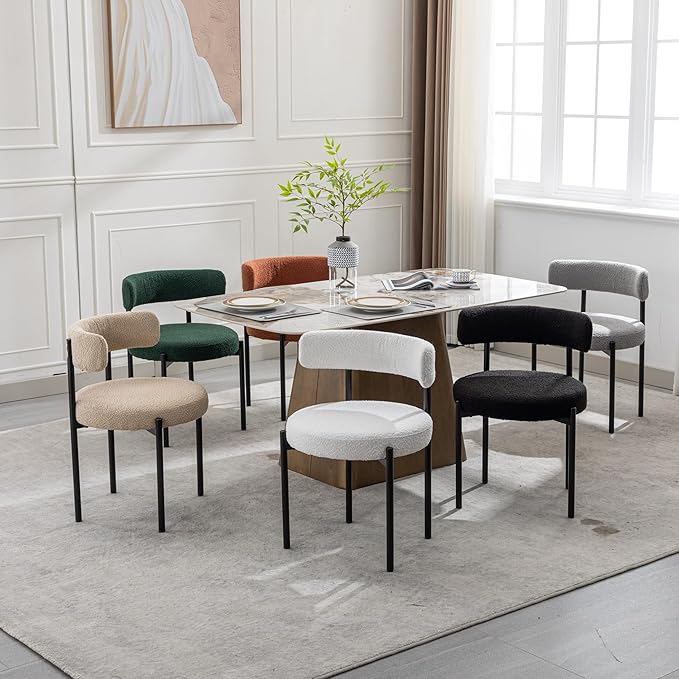 Boucle Dining Chairs Set of 6, Black Dining Chairs with Upholstered Seat and ...