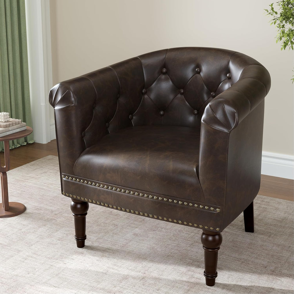Faux Leather Barrel Accent Chair with Nailhead, Chocolate, Set of 1 | Low-Back Design | Solid Wood Frame & Legs | High-Density Foam Seat | For Living Room, Bedroom, Reception & Office