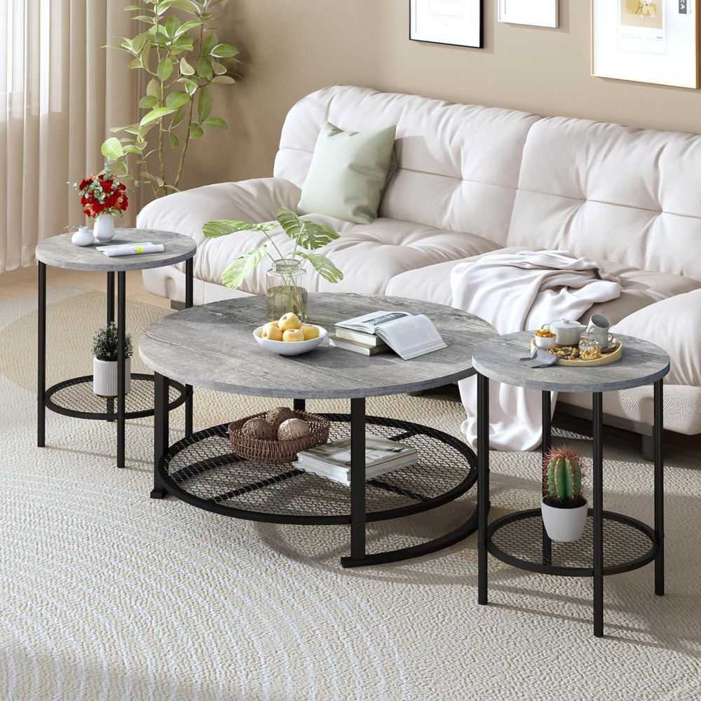 Recaceik Round Coffee Table and End Table Set of 3 with Storage, Modern Vinta...