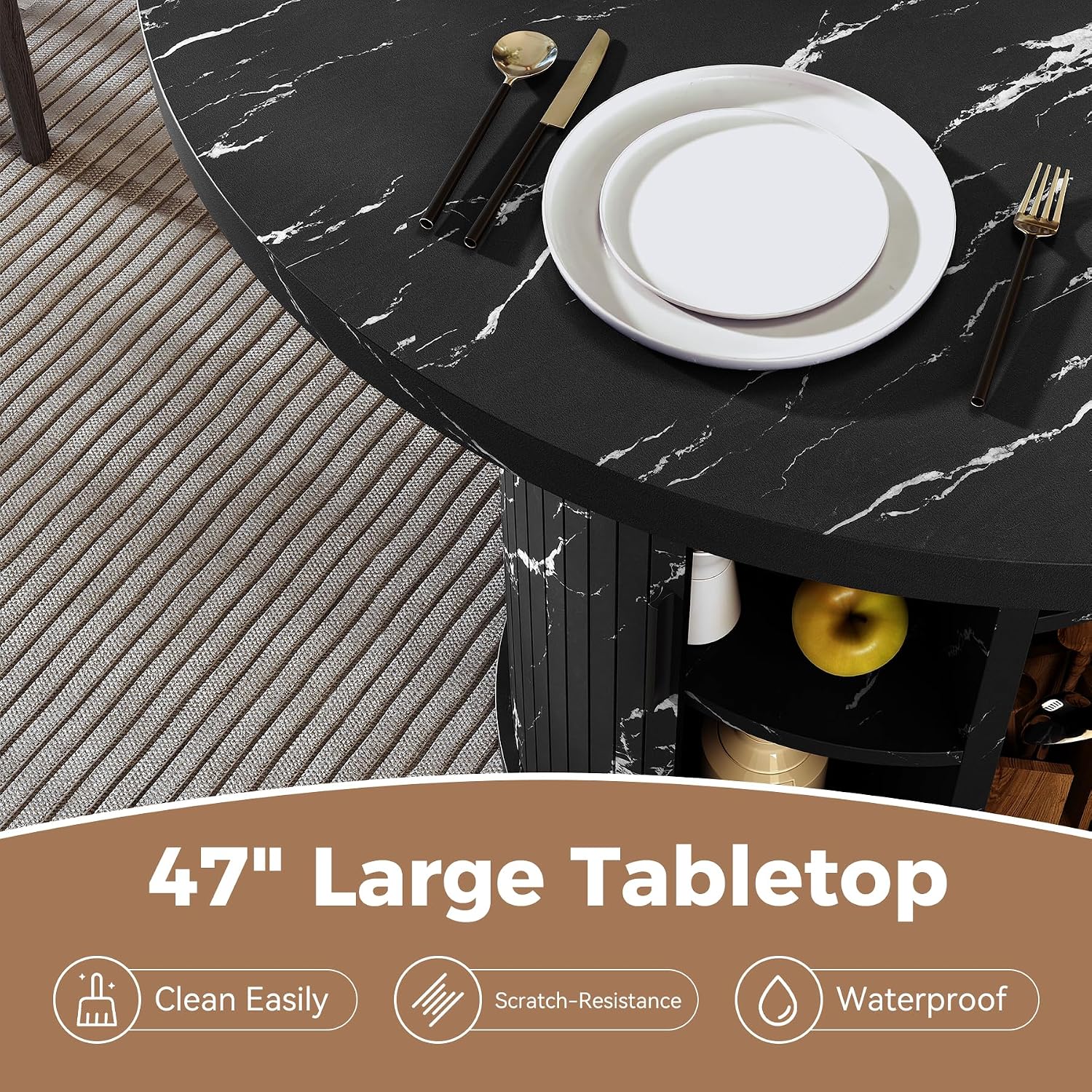 Nalupatio 47 Inch Round Dining Table for 4, Modern Farmhouse Kitchen Table with Half-Open Storage Shelf & Sliding Door, Circle Dinner Table for Dining Room, Black Faux Marble