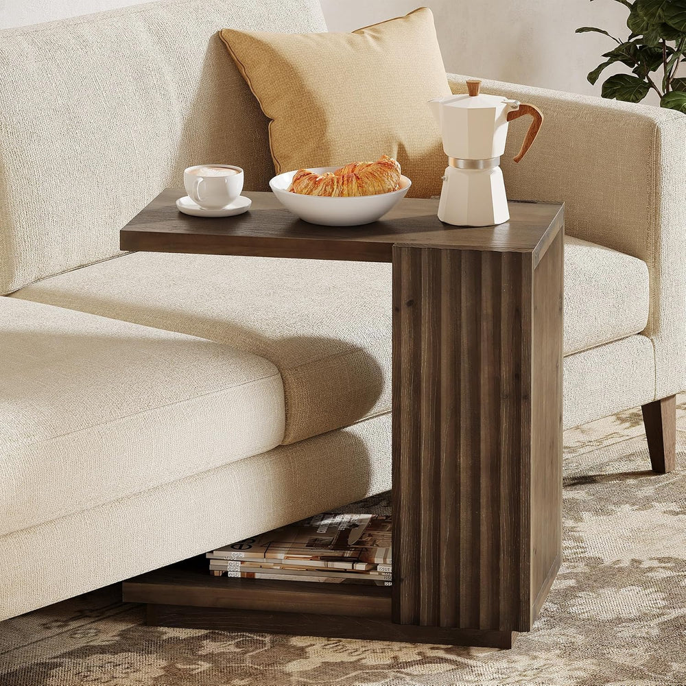Solid Wood Side Table, C Shaped Narrow Sofa End Table with Fluted Panels and ...