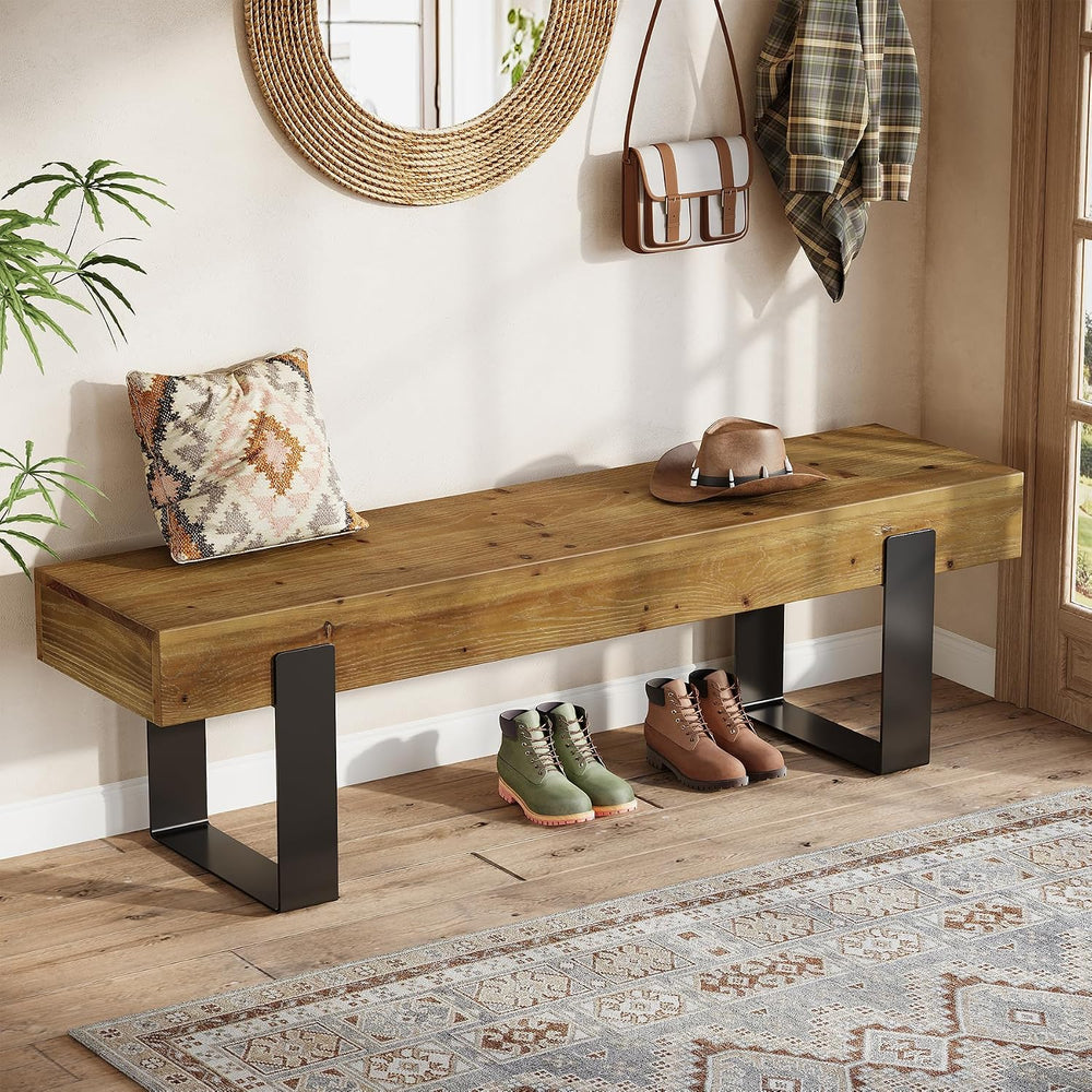 Solid Wooden Entryway Bench, 63" Farmhouse Indoor Shoe Bench with Metal ...