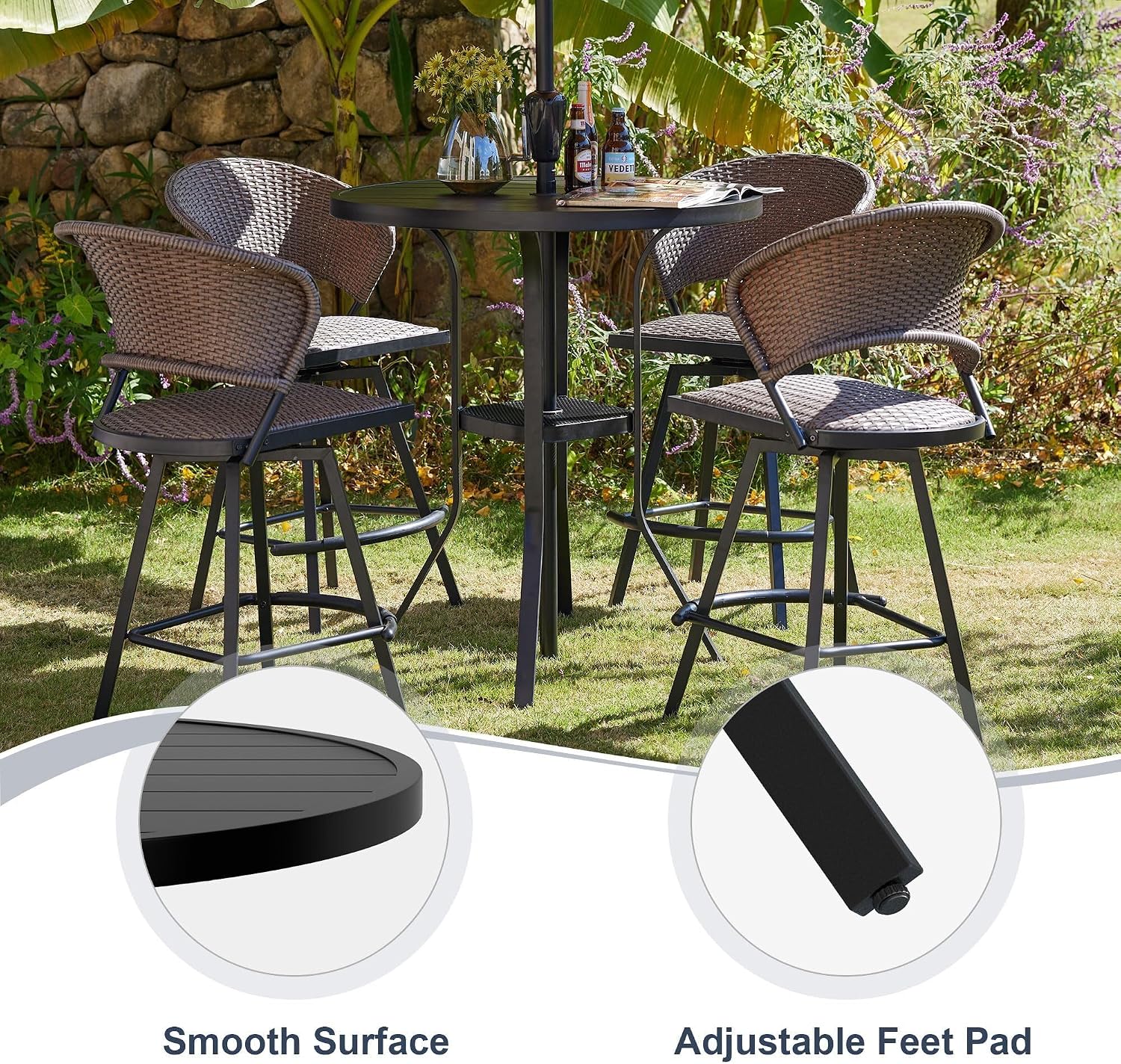 VICLLAX Patio Bar Height Table, Outdoor Round Bar Table with Umbrella Hole for Balcony, Porch, Deck, 37" Black