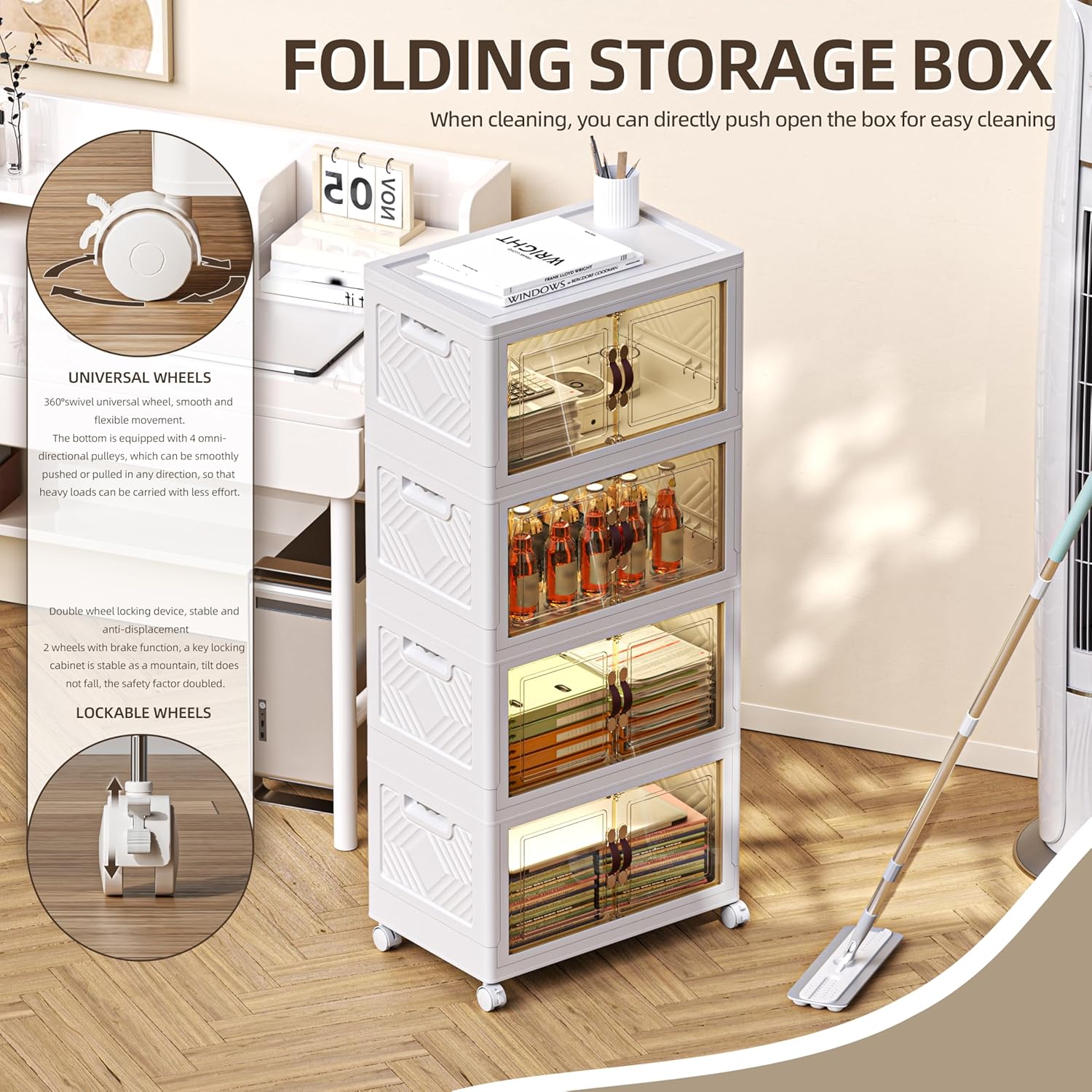 200 QT / 50 Gal Stackable Collapsible Storage Bins (1 Lid) with Magnetic Doors & Wheels - Plastic Cabinet Organizer for Home Office Closet, White Space-Saving Containers