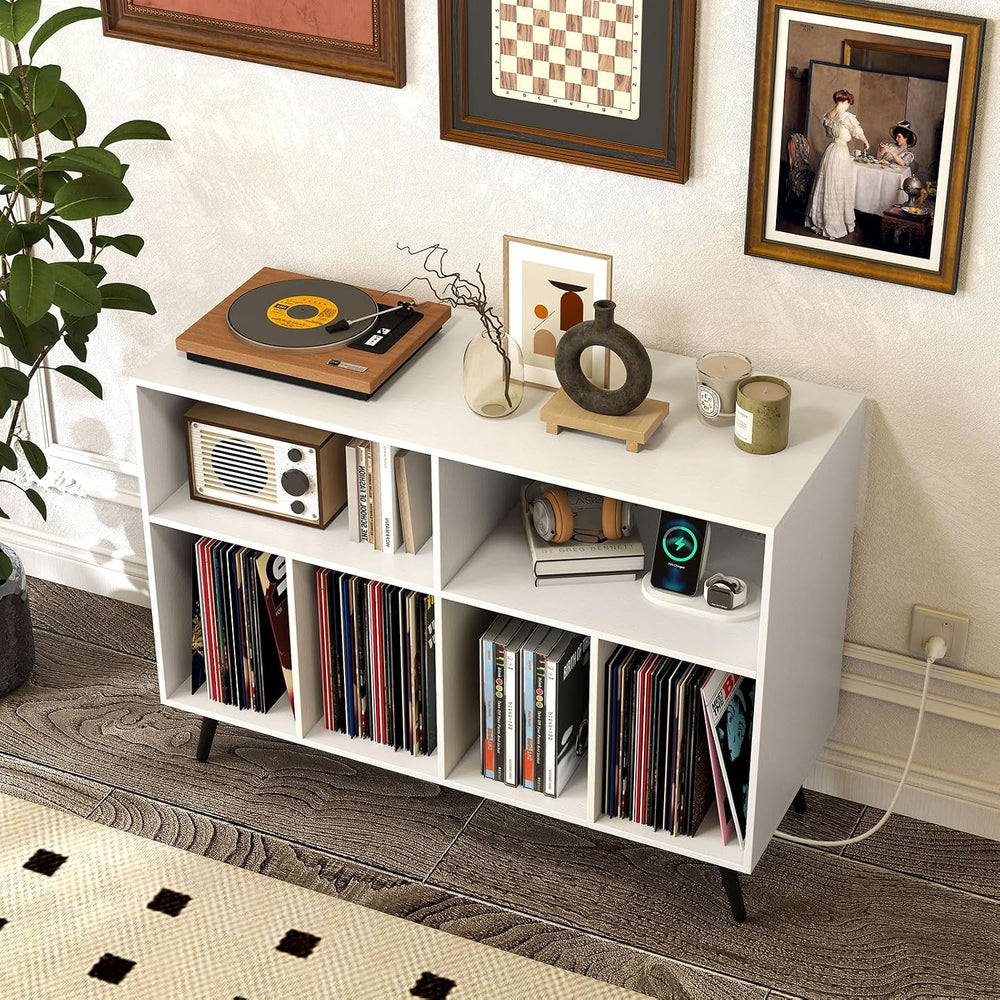 LOKO Large Record Player Stand, Vinyl Record Holder with Built-in Power Outle...