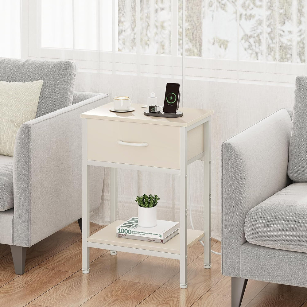 Vagusicc Nightstand with Charging Station, End Table with Fabric Drawer, Smal...
