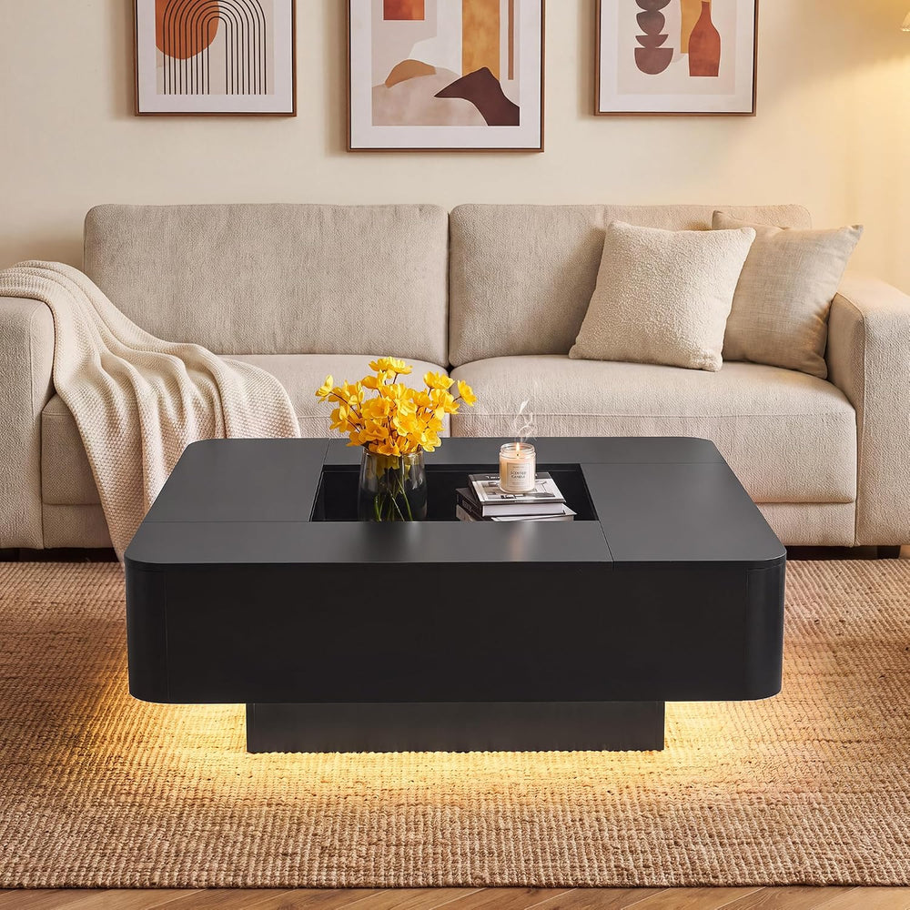 Square Coffee Table, 35.4" Modern Coffee Table with RGB LED Lights (Black)