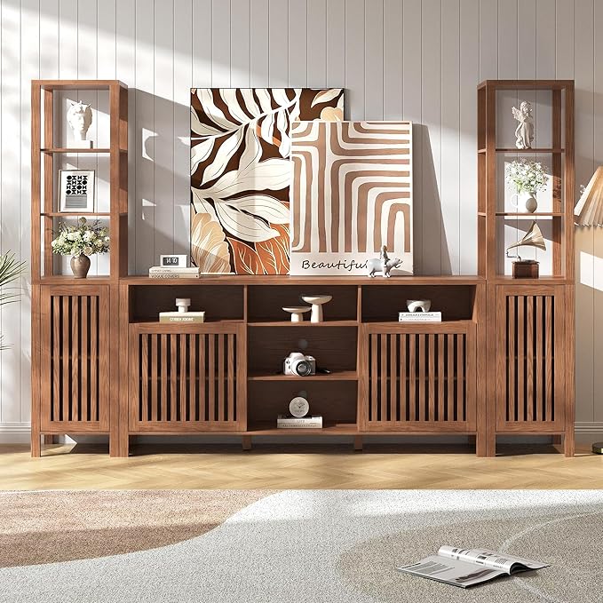 Farmhouse TV Stand for 70 inch TVs, Entertainment Center with Bookshelves - 4 Door Media Console with Adjustable Shelves, Storage Cabinet for Living Room Bedroom Home Theater, Rustic Brown