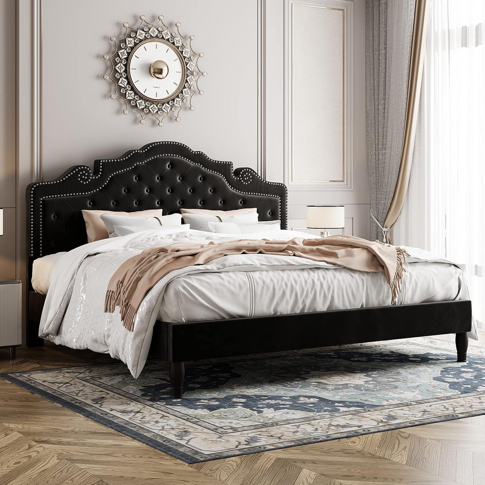 Allewie King Bed Frame with Adjustable Velvet Tiara Headboard, Upholstered Di...