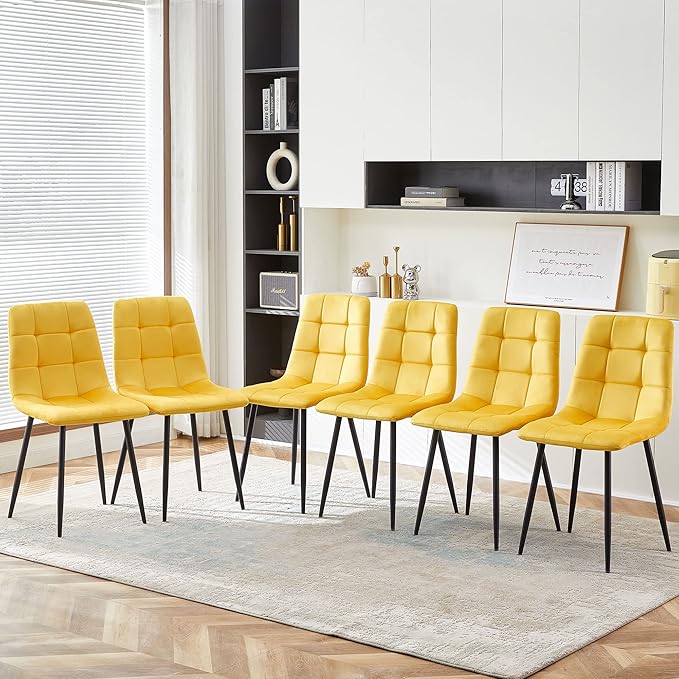 NORDICANA Yellow Velvet Dining Chairs Set of 6, Upholstered Tufted Kitchen Chairs, Comfortable Seat, Metal Leg, Easy Assembly